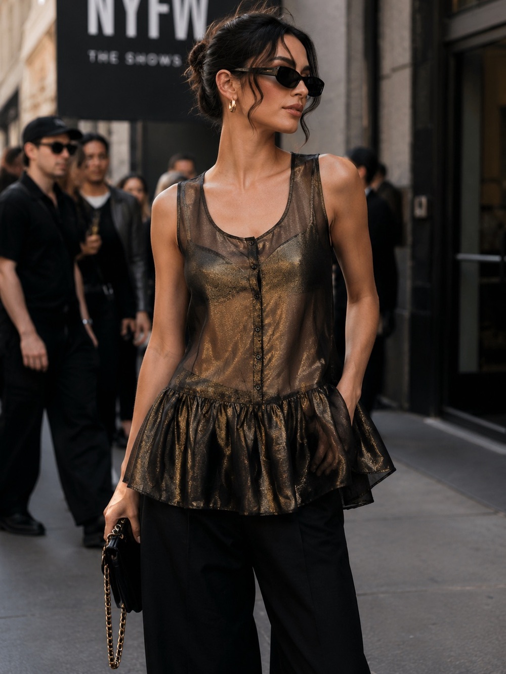 Sheer Gold Metallic Black Sleeveless Top